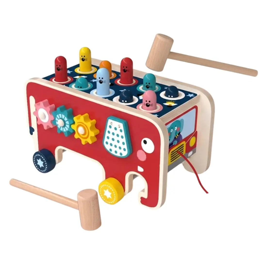Kinderland Toys Brinquedo Educativo Montessori Whack-a-Mole Ônibus de Madeira 1 2 3 Anos Presente Menino Menina Azul Multifuncional Coordenação Motora - 1