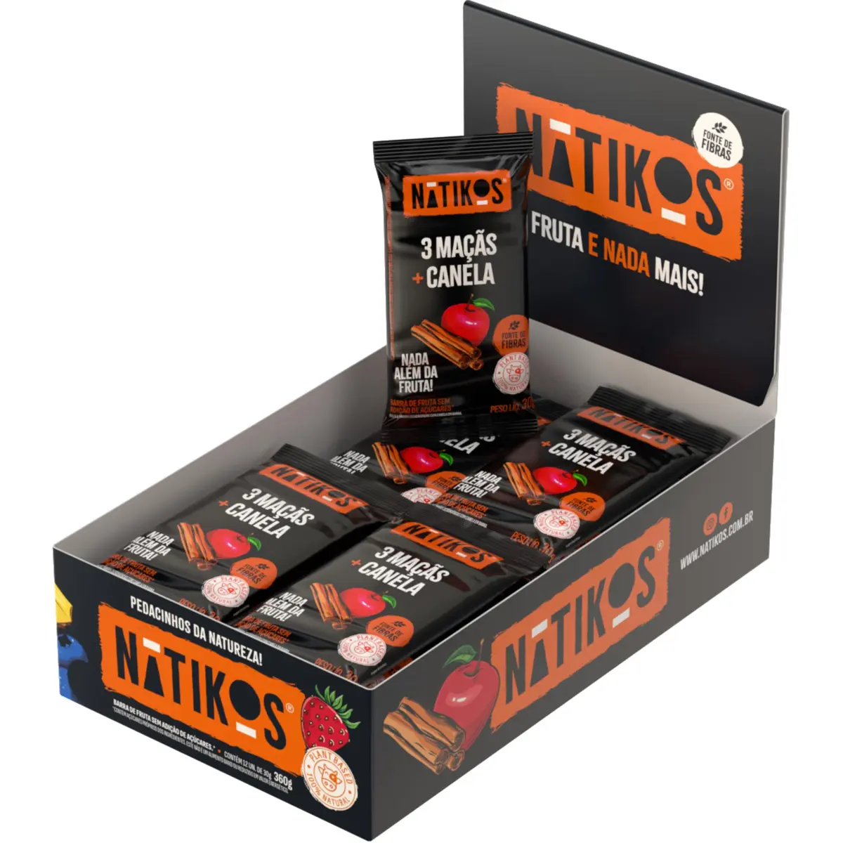 Barra de Fruta, Nátikos, Maçã e Canela, 12 x 30g | Display com 12 barras prontas para consumo, para abastecer a despensa familiar e a merenda escolar