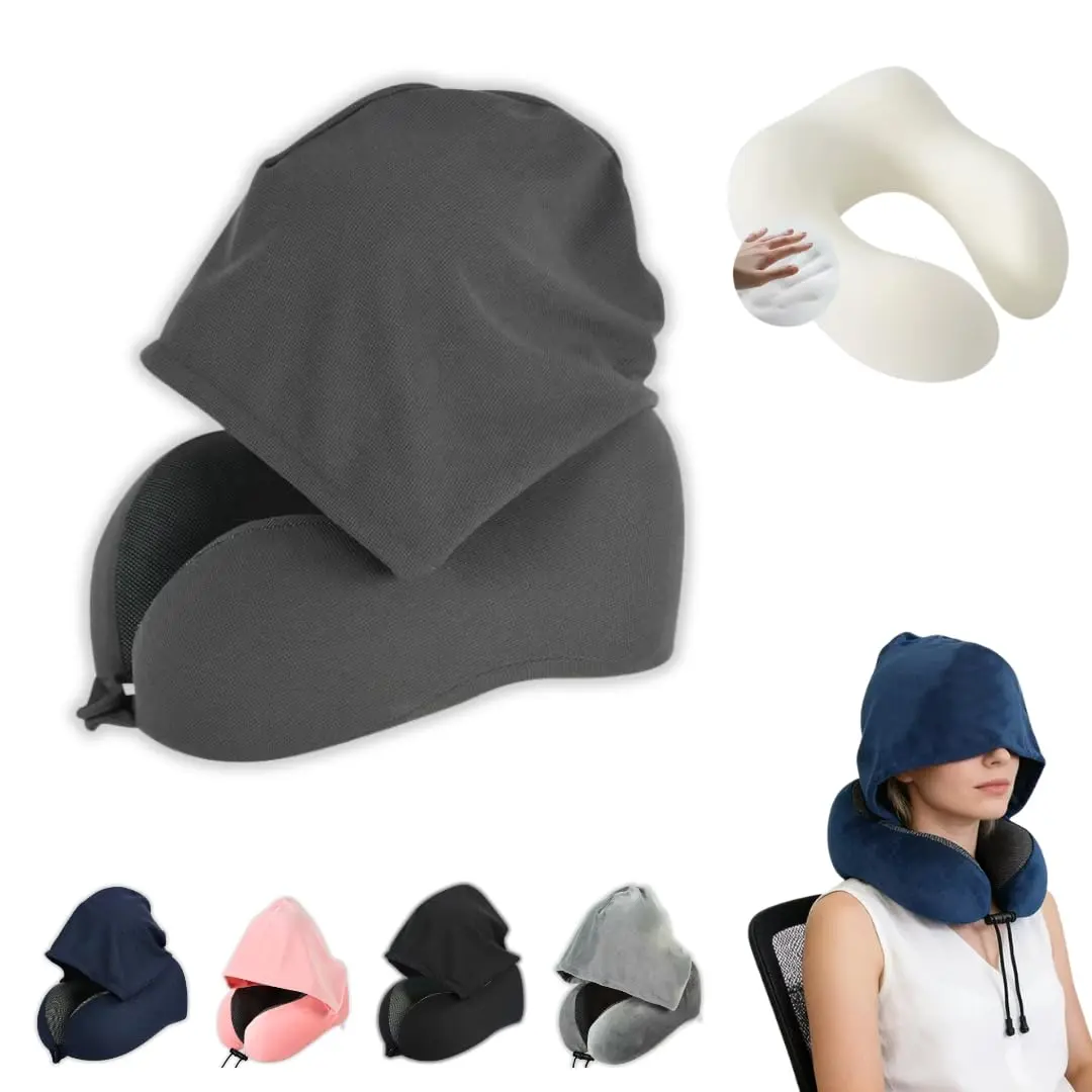 Almofada de Pescoço com Capuz e Espuma de Memória | Cor Cinza Escuro | Ergonômica, dobrável e confortável, com capuz para mais privacidade. Ideal para viagens de avião, carro, ônibus e uso diário.