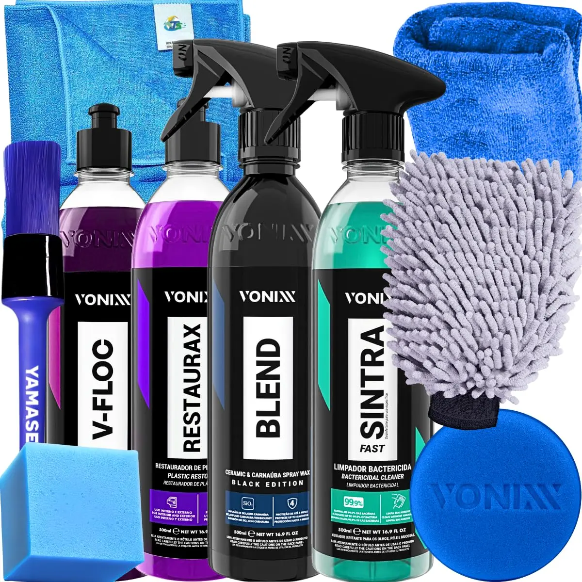 Kit Para Lavar Carro Bike Caminhão Van Biz Onibus Moto Vonixx Blend Spray Black Cera Liquida Sintra Fast V-floc Shampoo Automotivo Restaurax Restaurador De Plasticos Externos 500ml