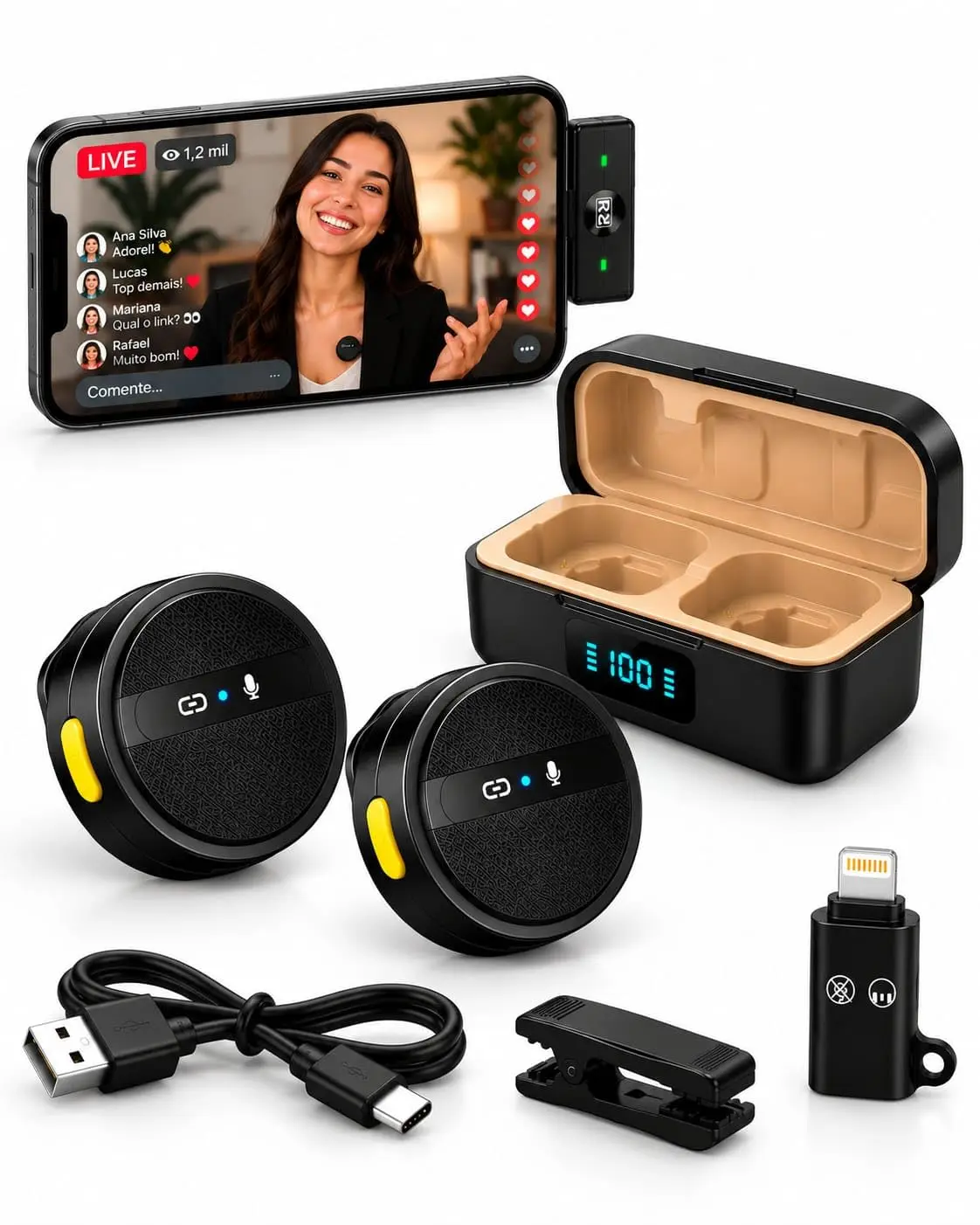 Microfone de Lapela Sem Fio Duplo USB-C com Adaptador Lightning e Estojo | Abafamento de Ruído, Lives, até 10 horas de batera, TikTok, Youtuber, compatível com iPhone, Android, PC, camera.
