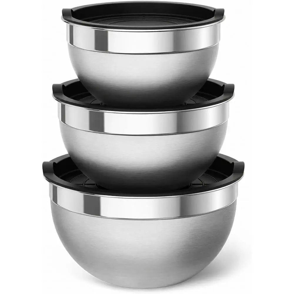 Conjunto 3 Bowls Aço Inox com Tampa, Tigelas Multiuso para Cozinha Kit 3