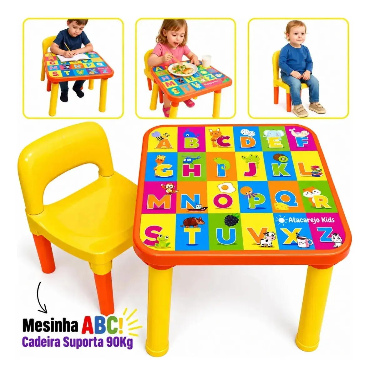 Mesinha Infantil Educativa Com Cadeira Alfabeto Letras Didática Pintura Desenho Refeição Atacarejo Kids