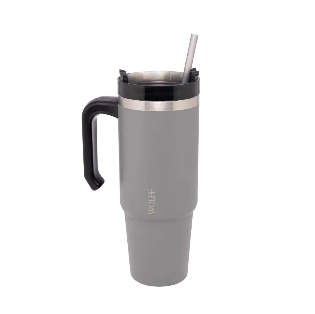 WOLFF Caneca Térmica Parede Dupla SlimTerm com Base Ergonômica e Canudo Cinza 890ml