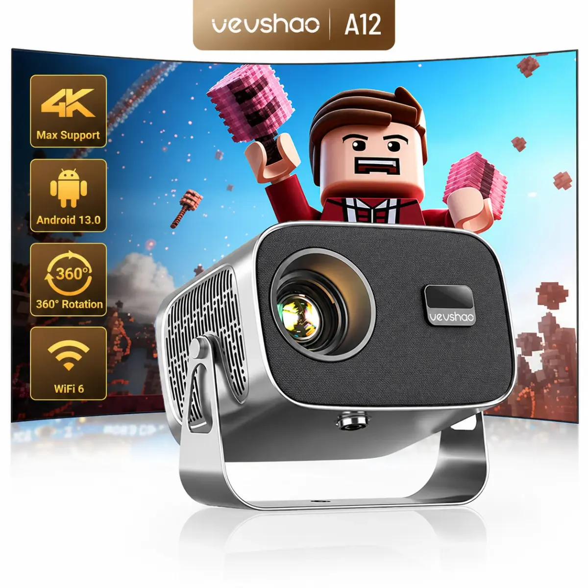 Vevshao a12 projetor portátil mini led 1080p 4k vídeo android 13.0 wifi 6 smartphone espelhamento projetor de cinema em casa - 1
