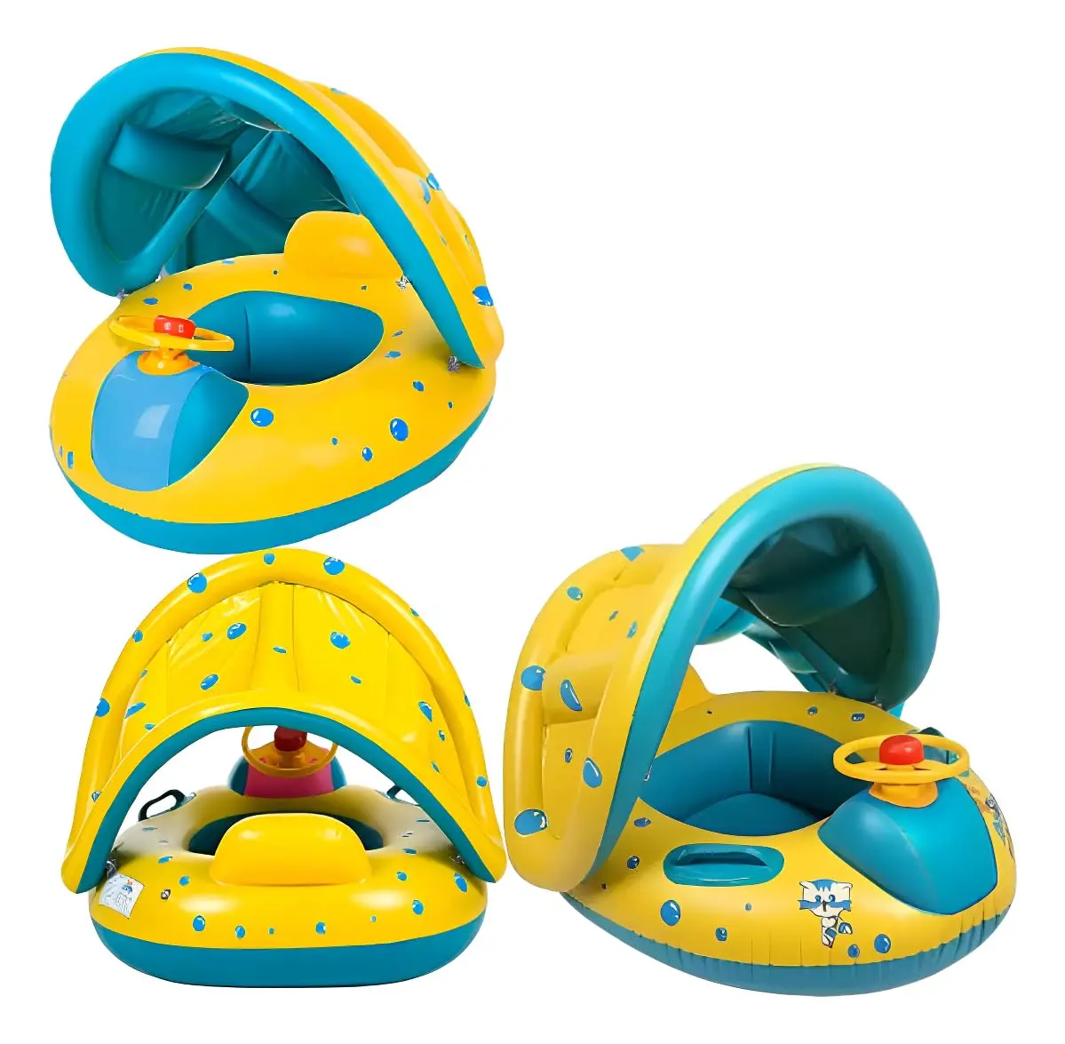 Boia Infantil com Cobertura Solar, Amarela e Azul, PVC Resistente, 90x46cm, Assento Ergonômico, Proteção UV, Para Crianças 6 Meses a 3 Anos, Suporta 26kg