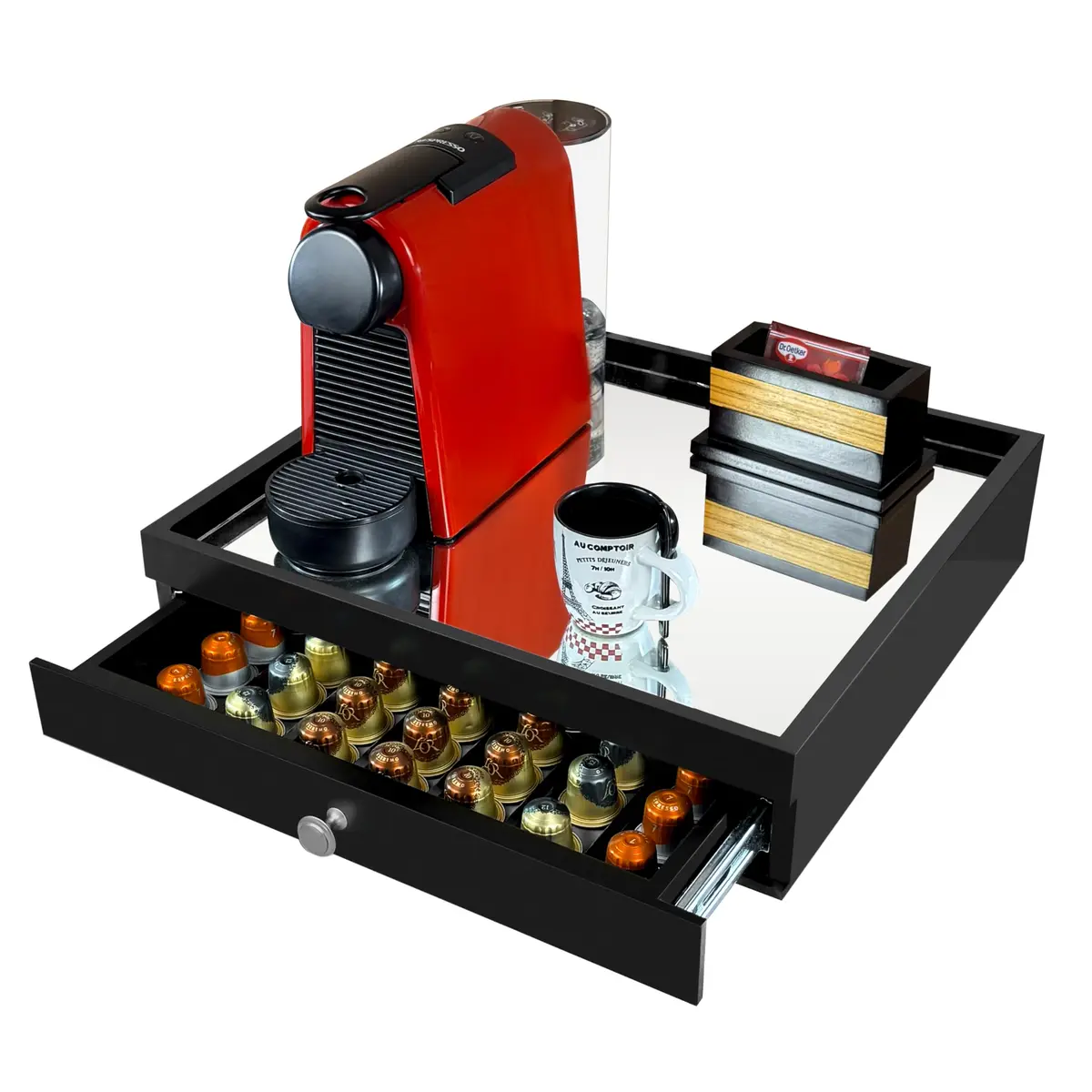 Reluz Art Bandeja Porta Cápsulas Espelho 1 Gaveta com Corrediças Telescópicas para Cápsulas Nespresso Original, Vertuo, Dolce Gusto Três Corações ou Delta Q (Nespresso Original, Preto)