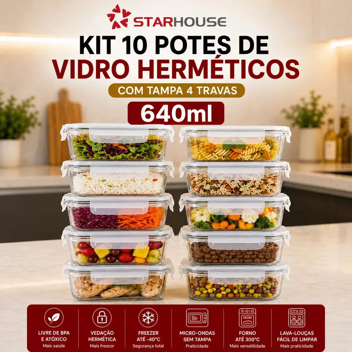 Kit 10 Potes Herméticos Vidro 640ml Starhouse Marmita Forno Micro-ondas Airfryer com 4 travas de super vedação - 1