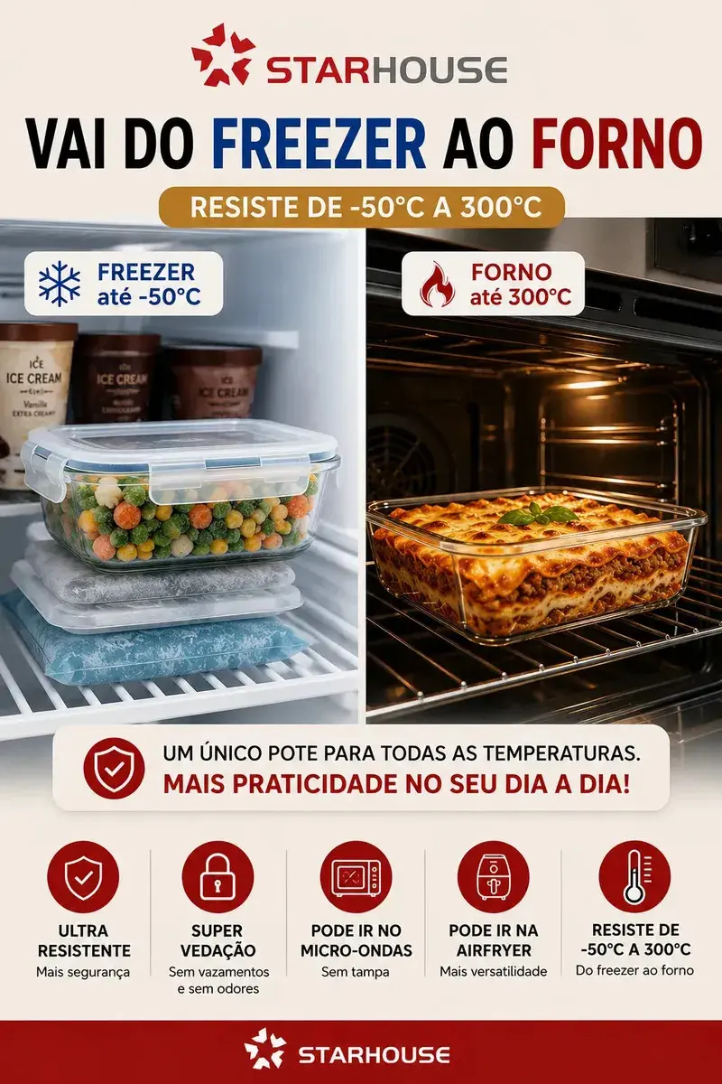 Kit 10 Potes Herméticos Vidro 640ml Starhouse Marmita Forno Micro-ondas Airfryer com 4 travas de super vedação thumbnail 3