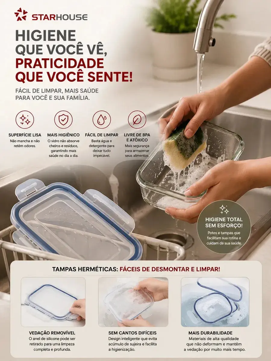 Kit 10 Potes Herméticos Vidro 640ml Starhouse Marmita Forno Micro-ondas Airfryer com 4 travas de super vedação thumbnail 4