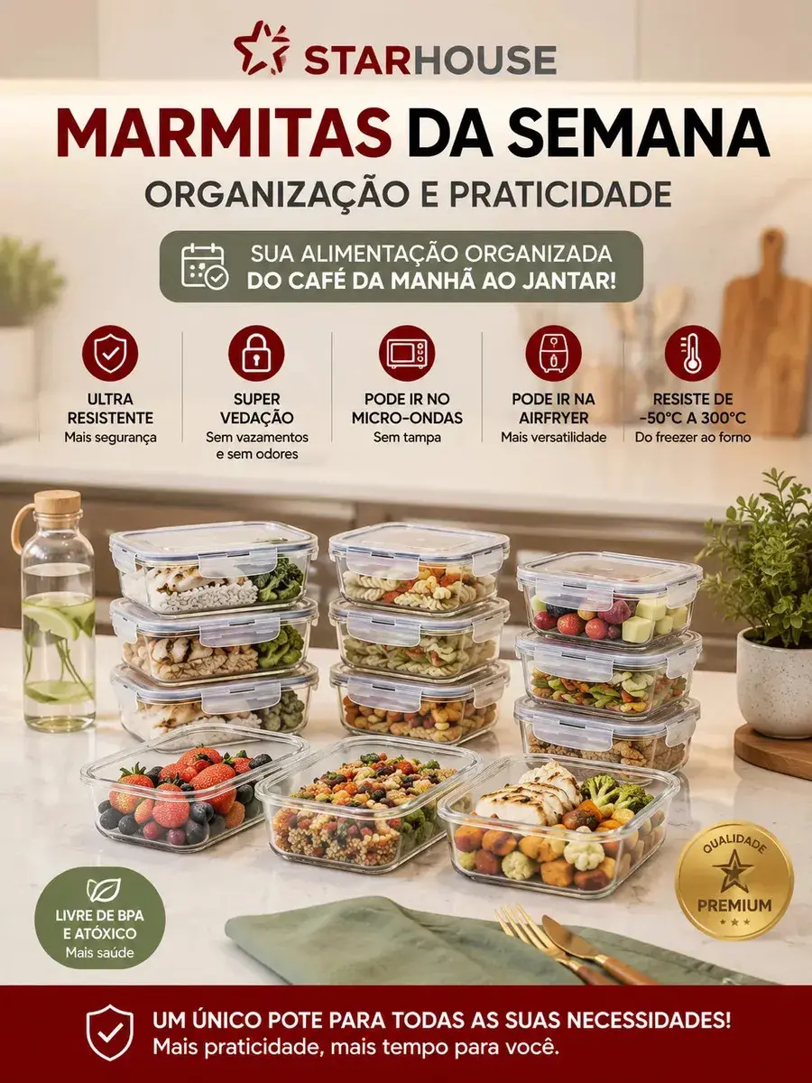 Kit 10 Potes Herméticos Vidro 640ml Starhouse Marmita Forno Micro-ondas Airfryer com 4 travas de super vedação thumbnail 5
