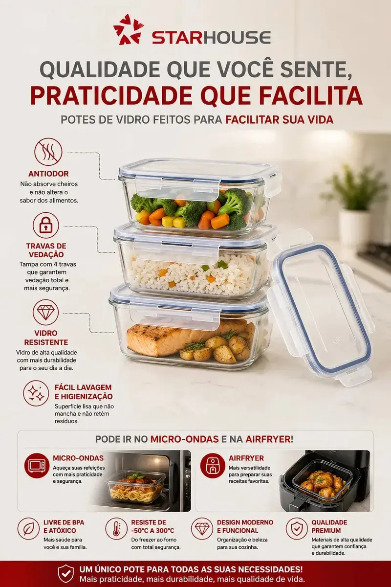 Kit 10 Potes Herméticos Vidro 640ml Starhouse Marmita Forno Micro-ondas Airfryer com 4 travas de super vedação thumbnail 6