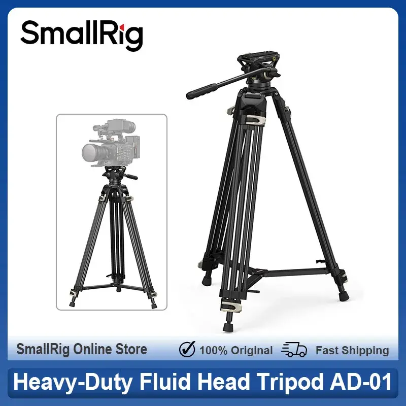 SmallRig AD-01 Tripé de cabeça fluida de 360° para serviços pesados, tripé de vídeo de 186 cm com placa de liberação rápida, sistema QR para câmera DSLR e filmadora - 1