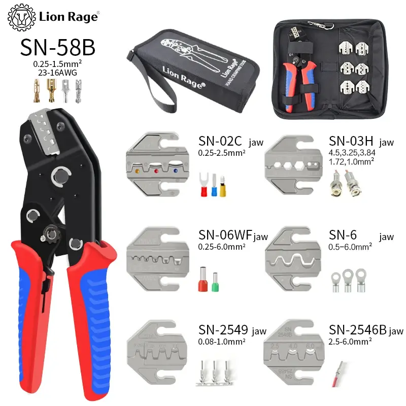 Kit de Alicates de Crimpagem com Catraca SN-58B para Terminais XH2.54/DuPont2.54/2.8/4.8/6.3/sem isolamento/Ferrule (0,25-1,5mm²) 23-16AWG