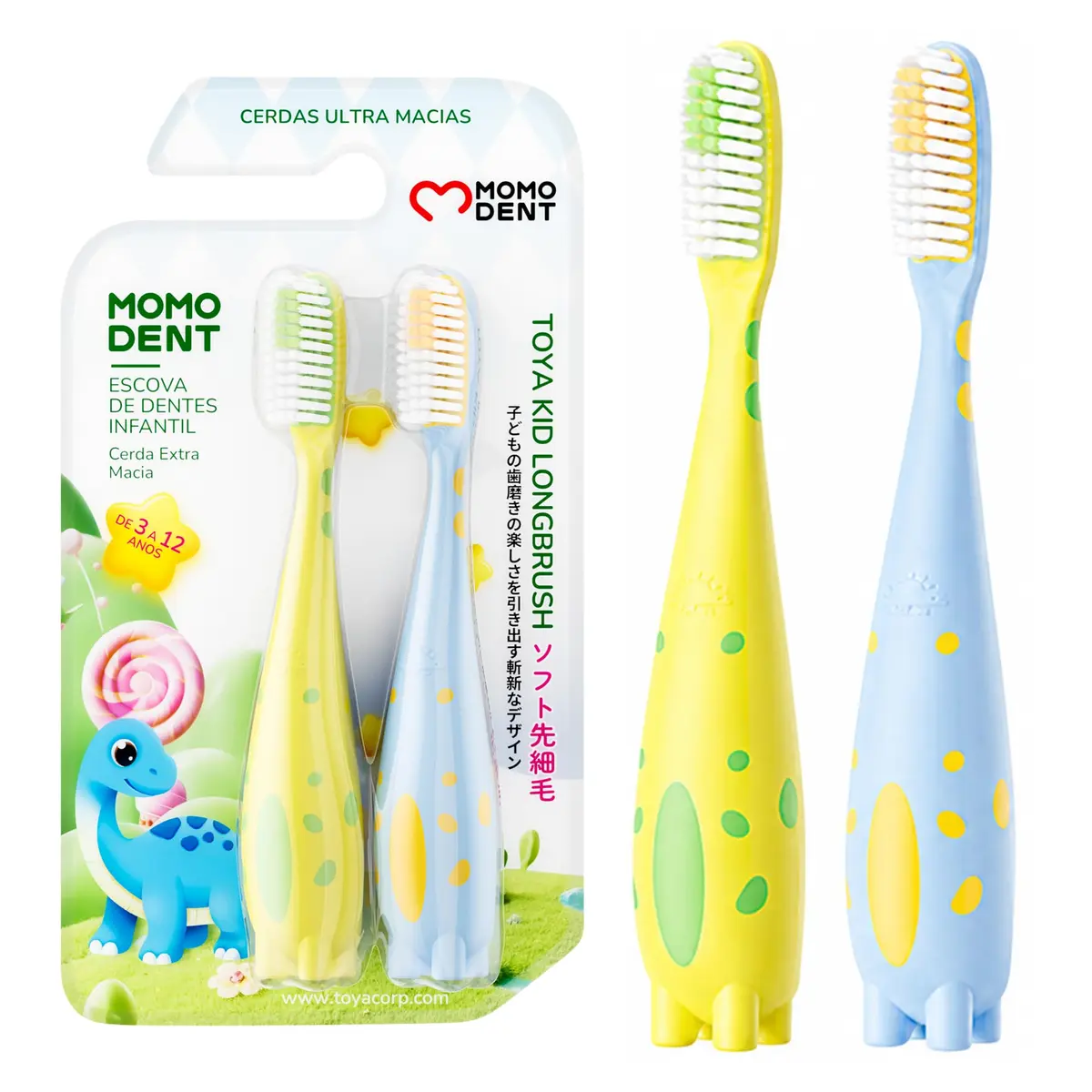 MOMODENT Escova de Dentes Infantil 2 Unidades, Para 3-12 Anos, Amarelo+Azul | Cerdas Ultramacias, Cabeça Longa, Design Colorido com Dinossauro Divertido, Protege a Gengiva
