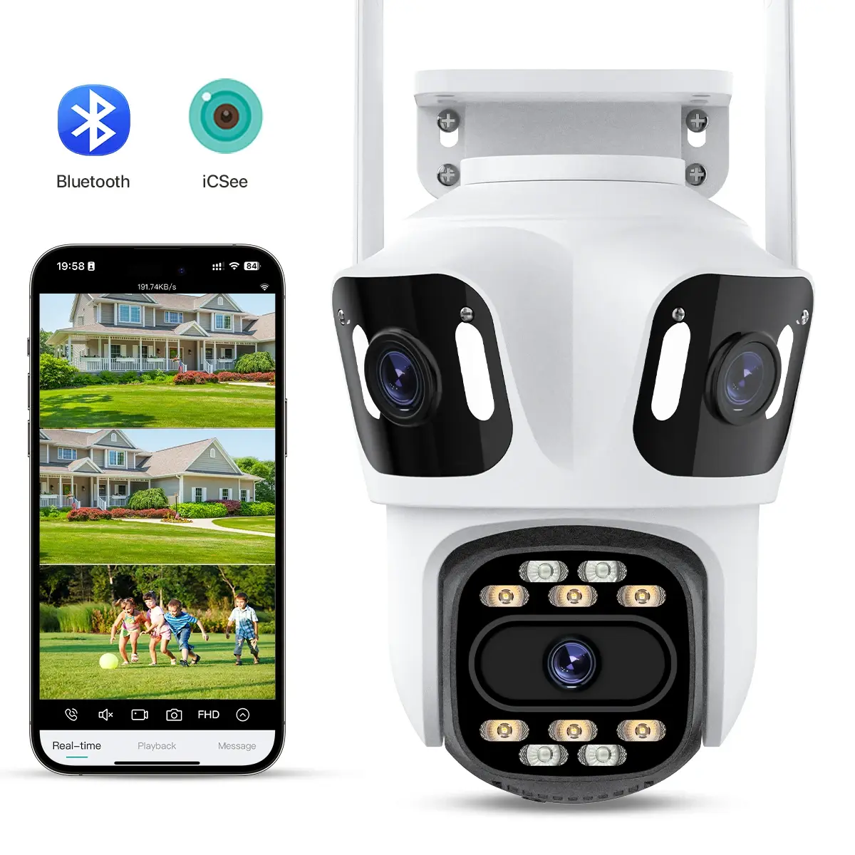 Câmera IP PTZ com três lentes, para uso externo, com imagem HD, três ecrãs, WiFi, sistema de segurança com rastreamento automático, câmera CCTV sem fios com lente dupla, ICsee.