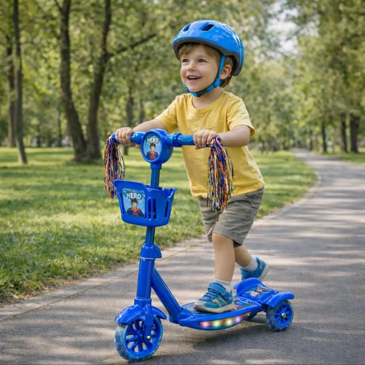 Patinete Infantil 3 Rodas com Luzes Led Som Musical Altura Regulável Freio Traseiro e Cesta - 1