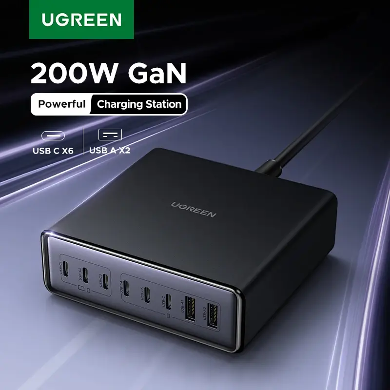 Carregador UGREEN 200W GaN 8 em 1 para Desktop com Suporte para Carregamento Rápido de Laptop, iPhone 18, 17, 16 Pro Max, Macbook Air, Xiaomi, Samsung e Tablets - 1