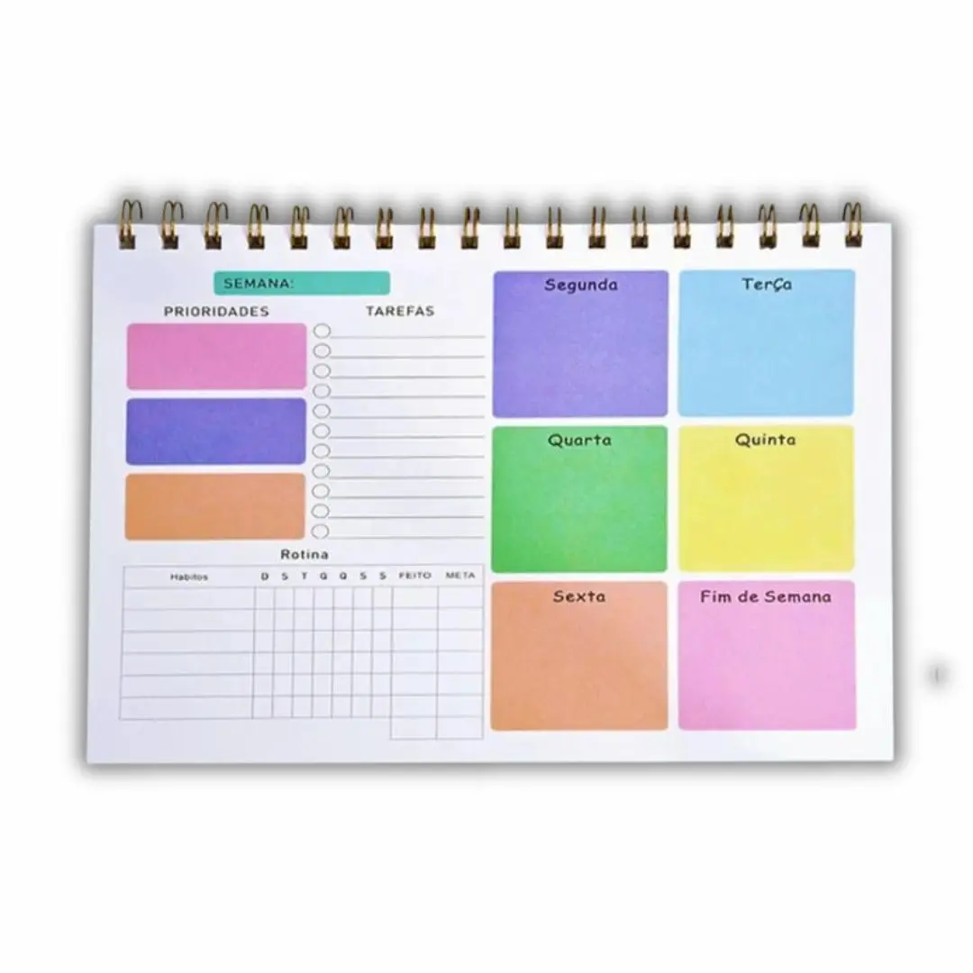 Planner Semanal Espiral Colorido 50 Folhas – Organização Visual com Prioridades, Tarefas e Hábitos para Rotina Pessoal, Escolar e Profissional