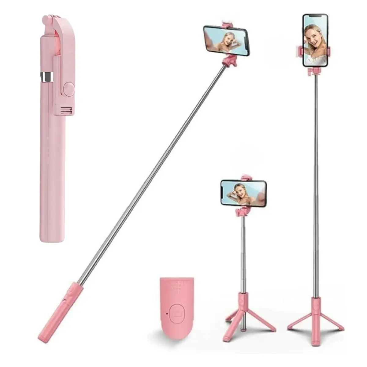 Tripé Bastão de Selfie 3 em 1 – Compacto e Extensível até 1,70 m de Altura, Controle Bluetooth, Rotação 360° – Para Gravações, Reels, TikTok, YouTube, iPhone e Android (Rosa)