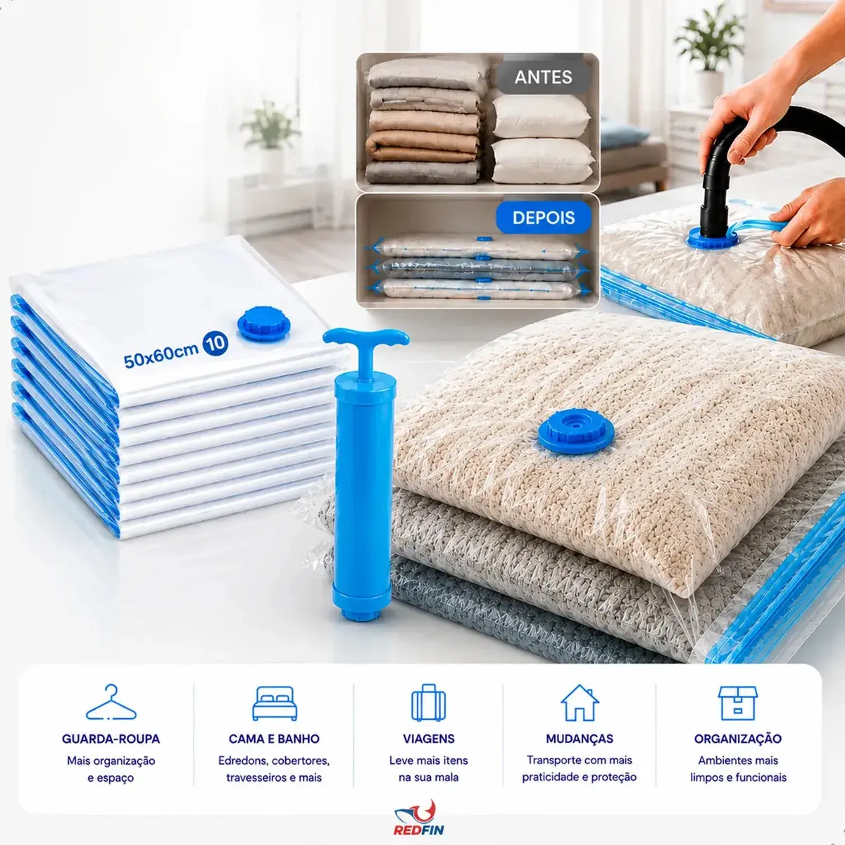 Kit Com 10 Sacos a Vácuo 50x60 cm Com Bomba Para Viagem e Organização