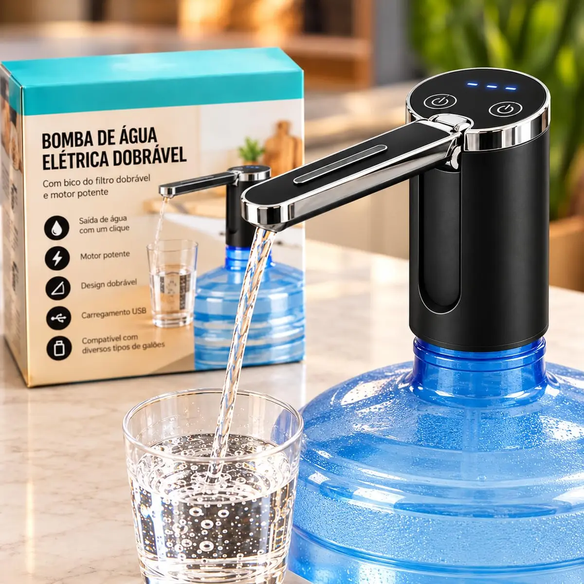 Bomba Elétrica para Galão de Água, USB, Recarregável, com Display Led, Dupla Saída, 3 Modos Automáticos, Bateria 1200mAh para Galões de 5L, 10L e 20L, Cores Sortidas Branca e Preta