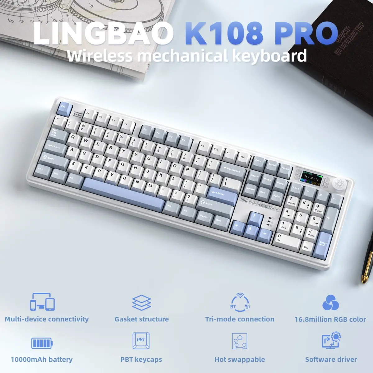 Lingbao k108pro teclado mecânico tri-modo letras coreanas macaron cor pbt keycap 10000mah bateria grande para computadores para pc - 1