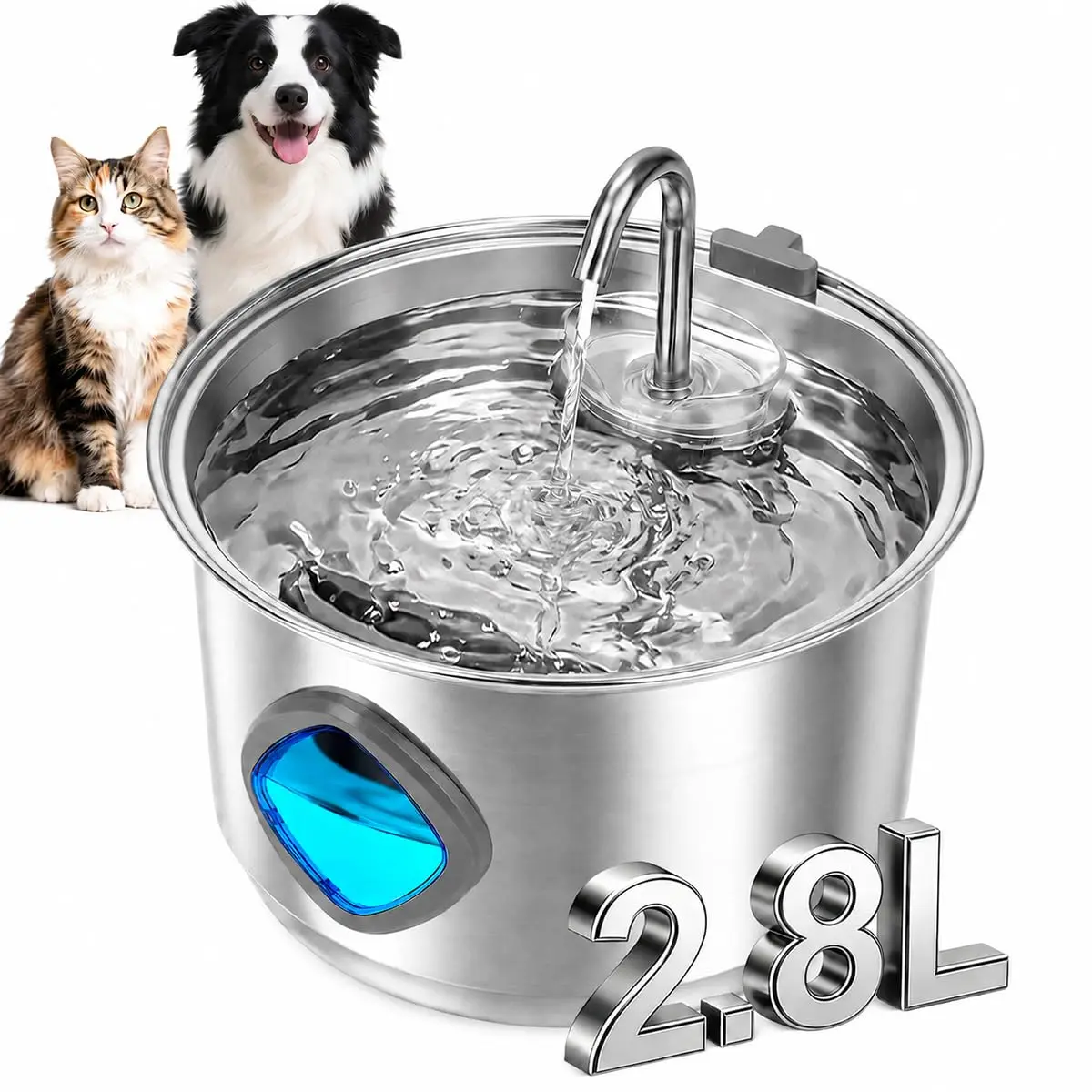 Wadukud Fonte de Água pra Gato, Bebedouro para Gatos Silenciosa Inox Carvão Ativado LED Indicador Fonte De Água para Cães e Gatos (2,8L, TY30)