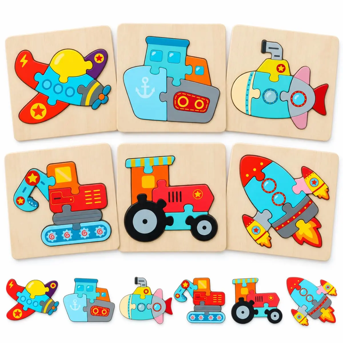 Kit 6 Quebra-Cabeças Infantil de Madeira Montessori | 3+ | Transportes - 1