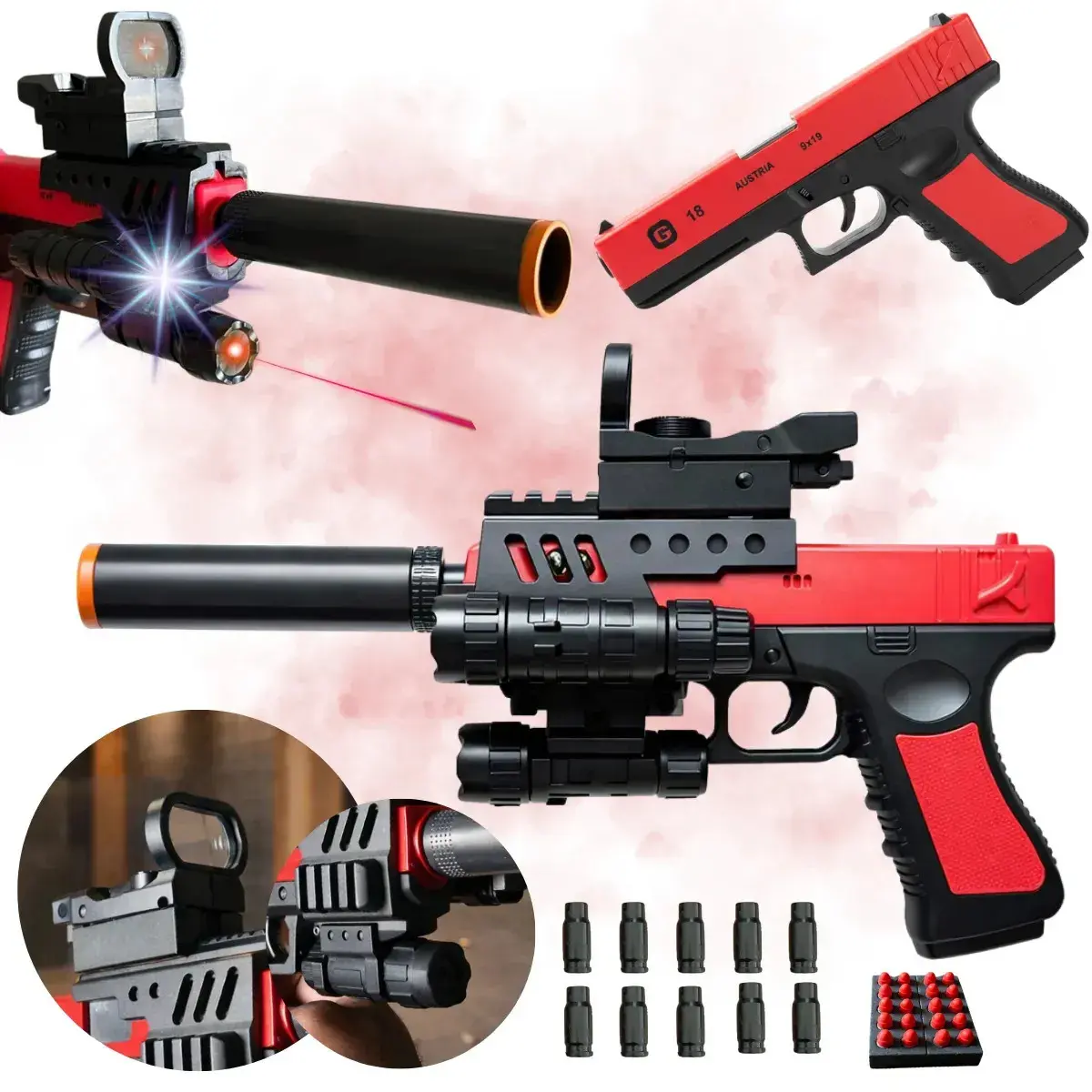 Arma De Brinquedo Com Mira Laser Led Arminha Lança Dardos Com Silenciador Munição Cor Vermelho
