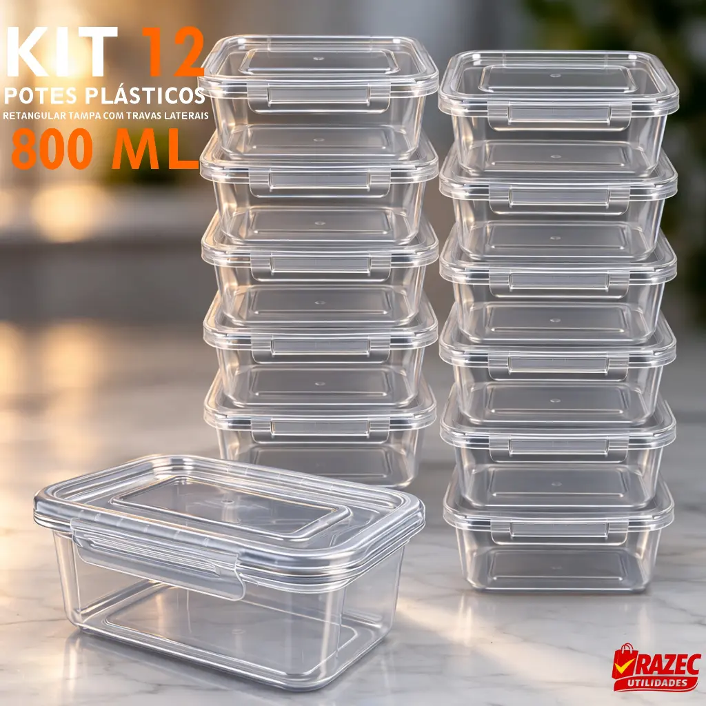 Kit Com 12 potes 800ml Tampa Com Trava Marmita Fitness Lavavel Freezer Microondas Durável BPAFree - 1