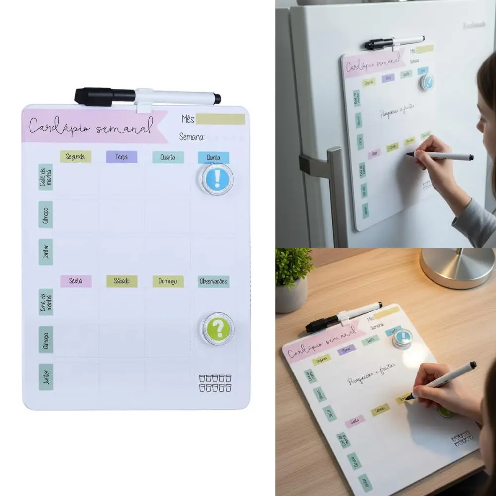 Planner Alimentar Semanal Magnético para Geladeira - Quadro Cardápio Semanal Reutilizável, Organizador de Refeições e Dieta, com Caneta, Apagador e Ímãs para Cozinha - Amel (Rosa)