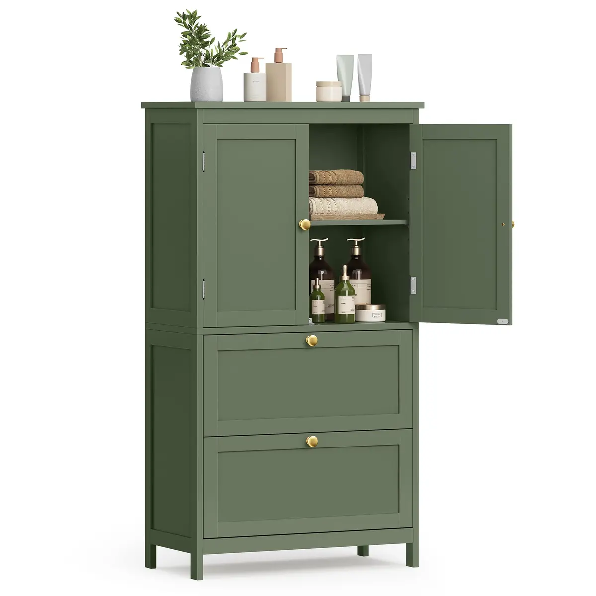 VASAGLE Armário para Banheiro, Armário de Cozinha Independente | 30 X 60 x 110 cm, com 2 Gavetas e 2 Portas, Prateleira Ajustável, Verde Floresta, BRBBC551C01V2