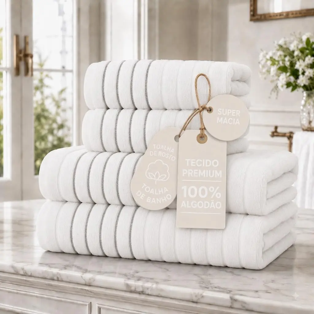 Kit Jogo de Toalhas de Banho e Rosto 4 Peças Banhão 500g/m² Branco | Algodão fio penteado, toque de hotel 5 estrelas, absorção superior, costura reforçada, 4 cores, uso residencial e comercial