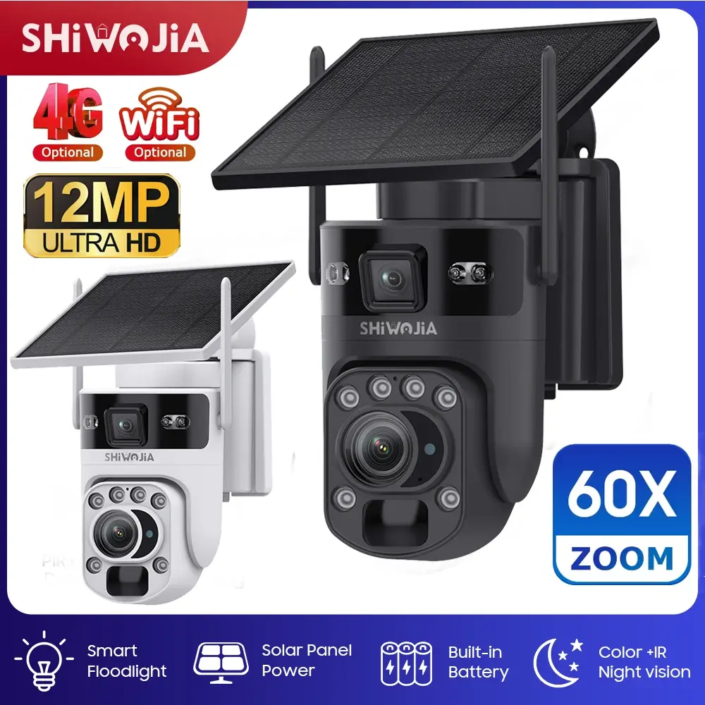 Câmera de segurança com bateria solar SHIWOJIA 6K 12MP 4G SIM 60X ZOOM 360 ° Ver ao ar livre WIFI PTZ IP Camera PIR Human Tracking UBOX APP - 1