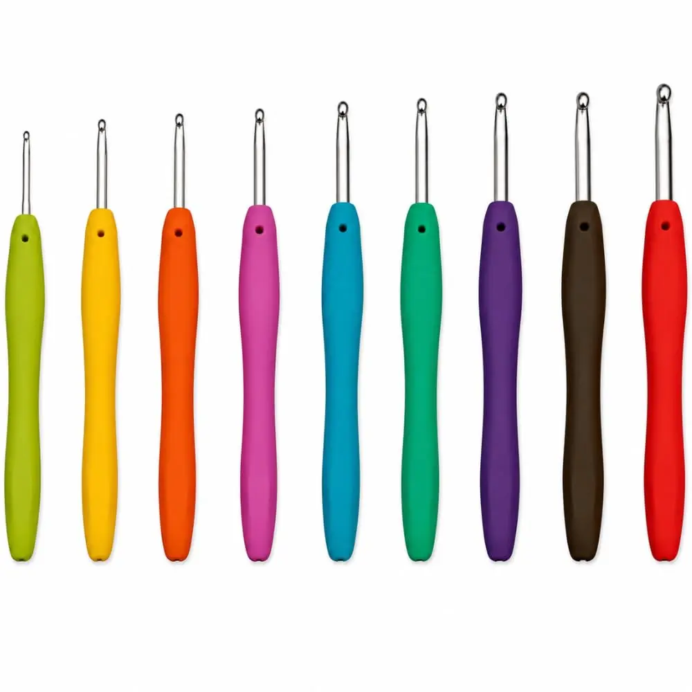 Kit 9 Agulhas de Crochê Ergonômicas Soft em Alumínio com Cabo Emborrachado de Silicone Antiderrapante Tamanhos 2mm a 6mm para Amigurumi, Barbante, Artesanato e Trabalhos Manuais DUPIN Premium