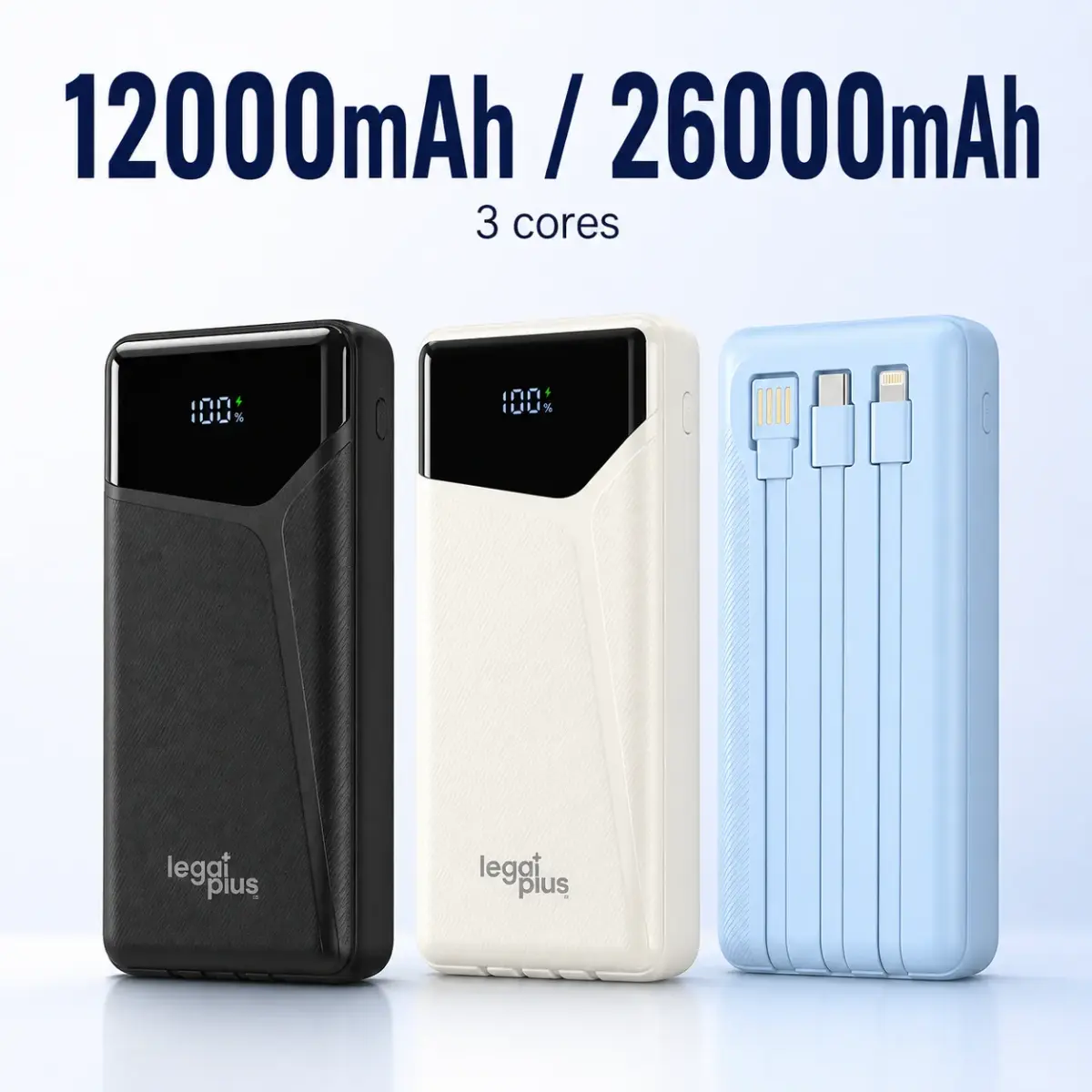 Power Bank 12000mAh E 26000mAh Portátil Com 3 Cabos Tela LED Tipo C Lightning Alta Capacidade