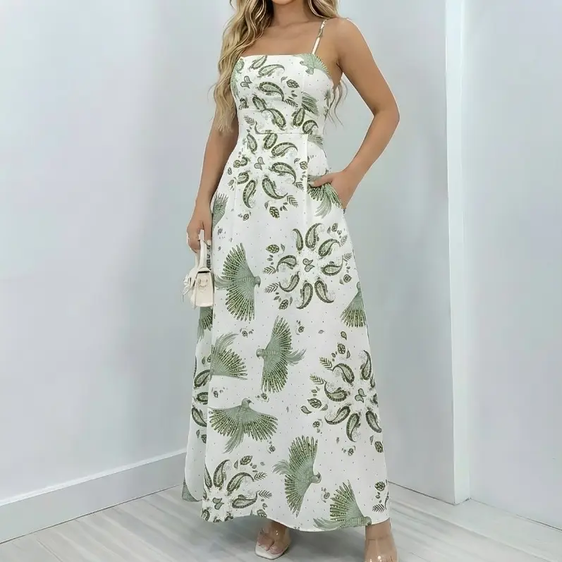 Vestido Longo Feminino Alcinha Fina Bojo Estampa Floral Tendência Verão - 1