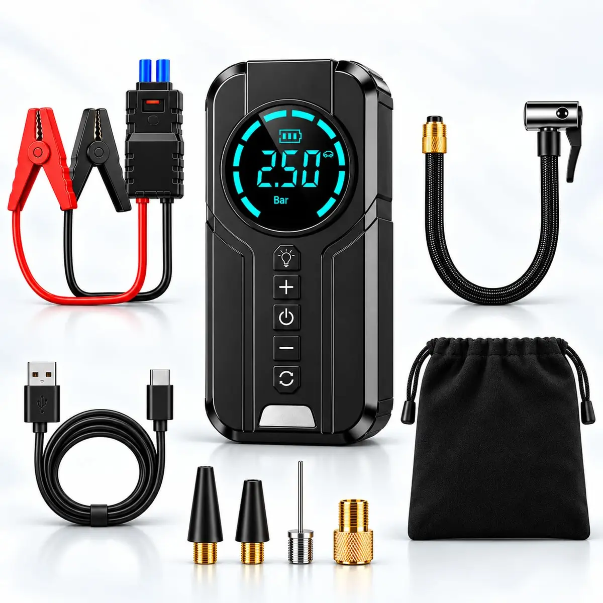 Compressor de Ar Portátil Multifuncional 4 em 1, Auxiliar de Partida | COMPRESSOR 4 EM 1: Infla pneus de carros, motos e bicicletas até 150 PSI com 120W de potência e fluxo de ar de 35 l/min.