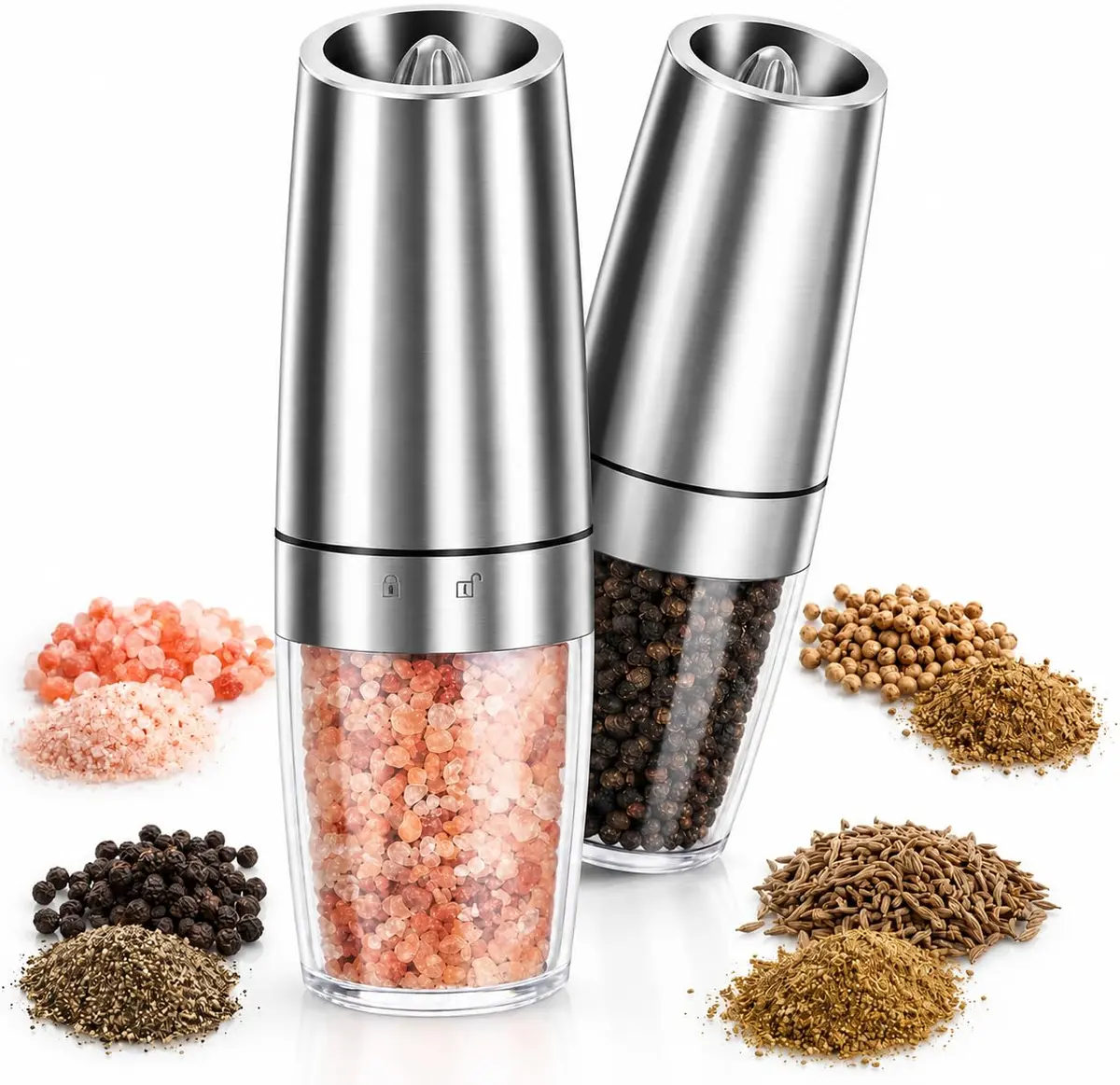 MYBEEM Moedor de Pimenta, Moedor de Pimenta e Sal, Ajuste Infinito Moagem | Reservatório Transparente 200ml com Núcleo Cerâmico, Ideal para Cozinha Doméstica, Churrasco ao Ar Livre e Presentes