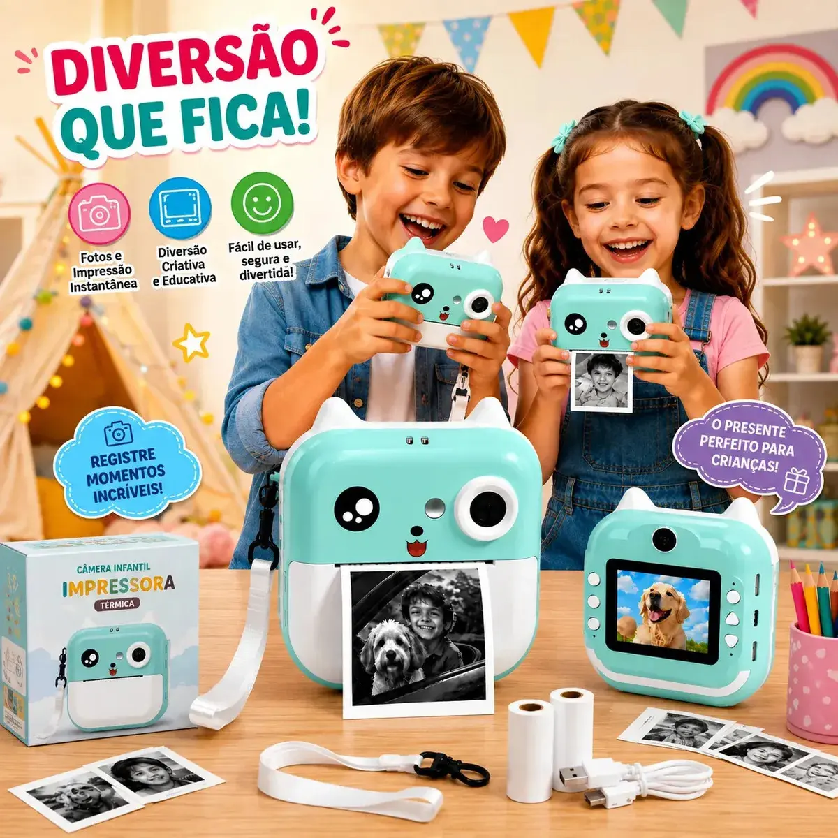 Câmera Digital Infantil TechRyse de Impressão Instantânea com Filmadora e Jogos - Verde-Ciano - 1