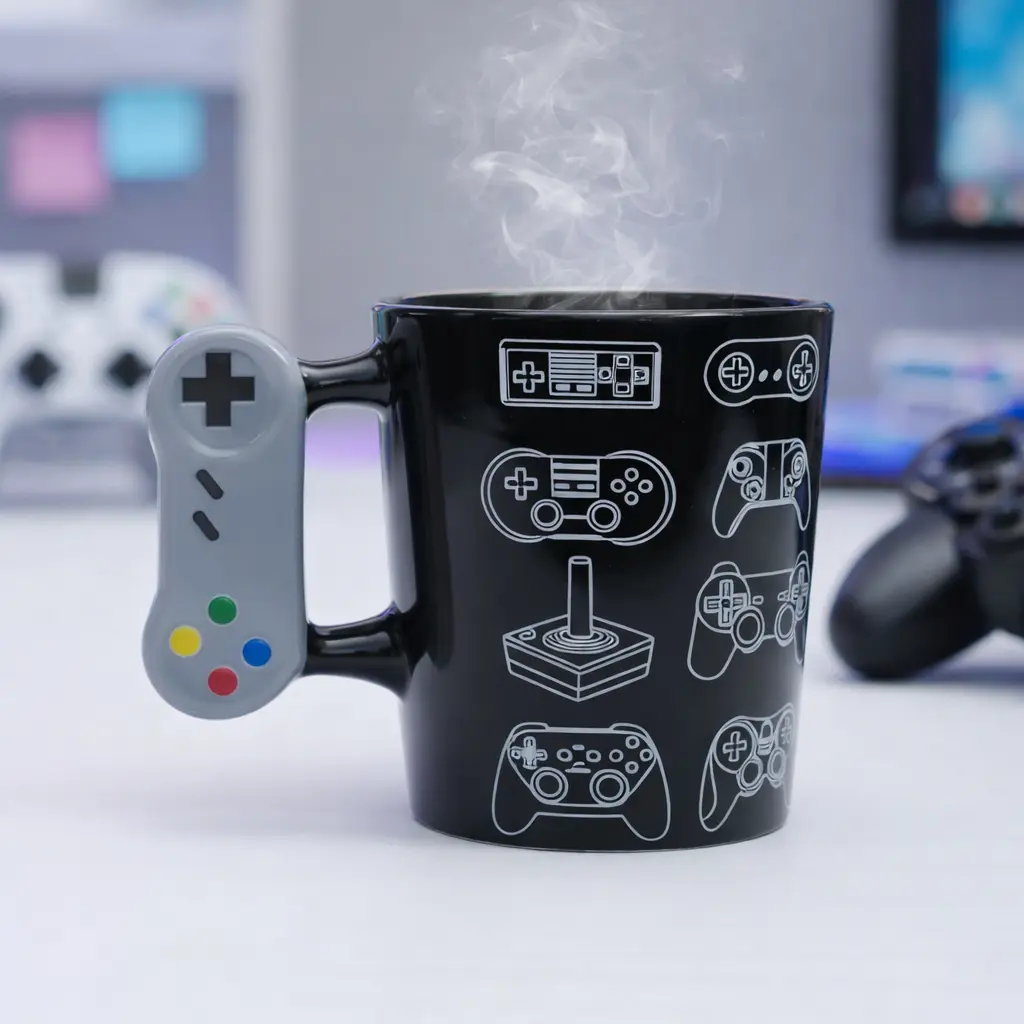 Caneca Gamer Geek Preta Joystick 3D 8 Controles Porcelana 350ml - 1