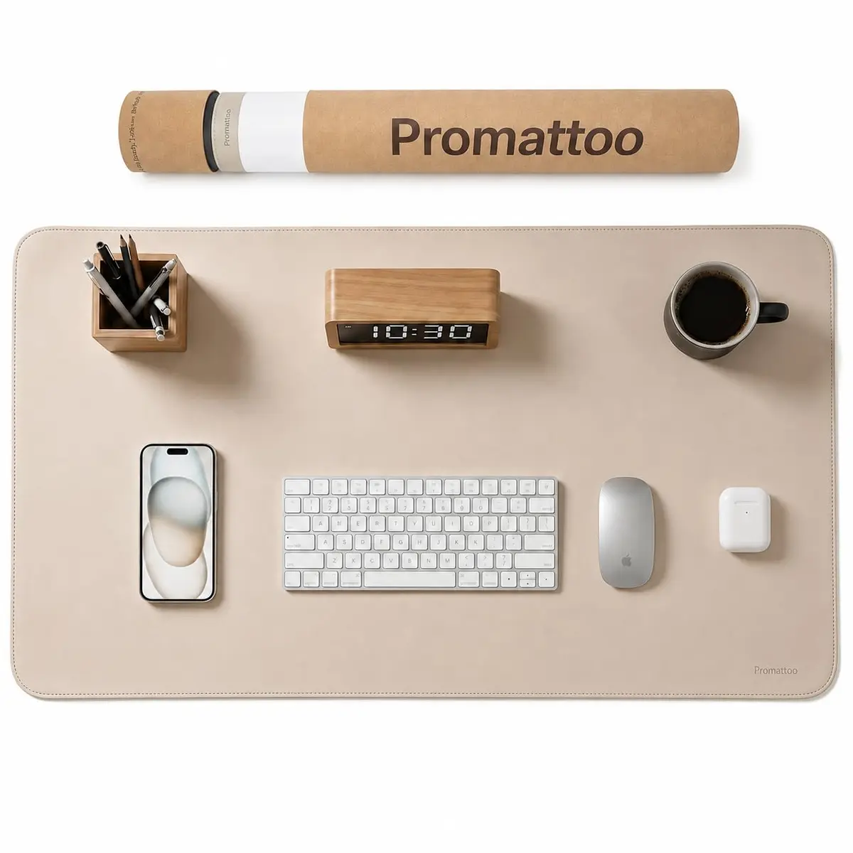 PROMATTOO Mouse Pad Grande Desk Pad 80x40 cm Couro Sintético com Tubo | Tapete de mesa para teclado, mouse, notebook; anti-respingos, antiderrapante e fácil de limpar, home office, Bege Quente