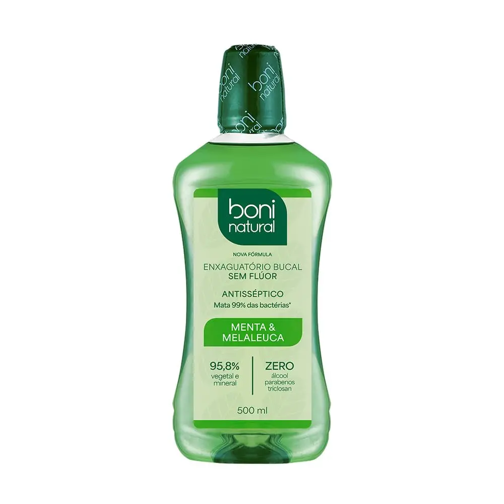BONI NATURAL - Enxaguante Bucal Vegano, Menta e Melaleuca, Hálito Fresco e Proteção Bucal, Sem Flúor, Zero Álcool, 500 ml