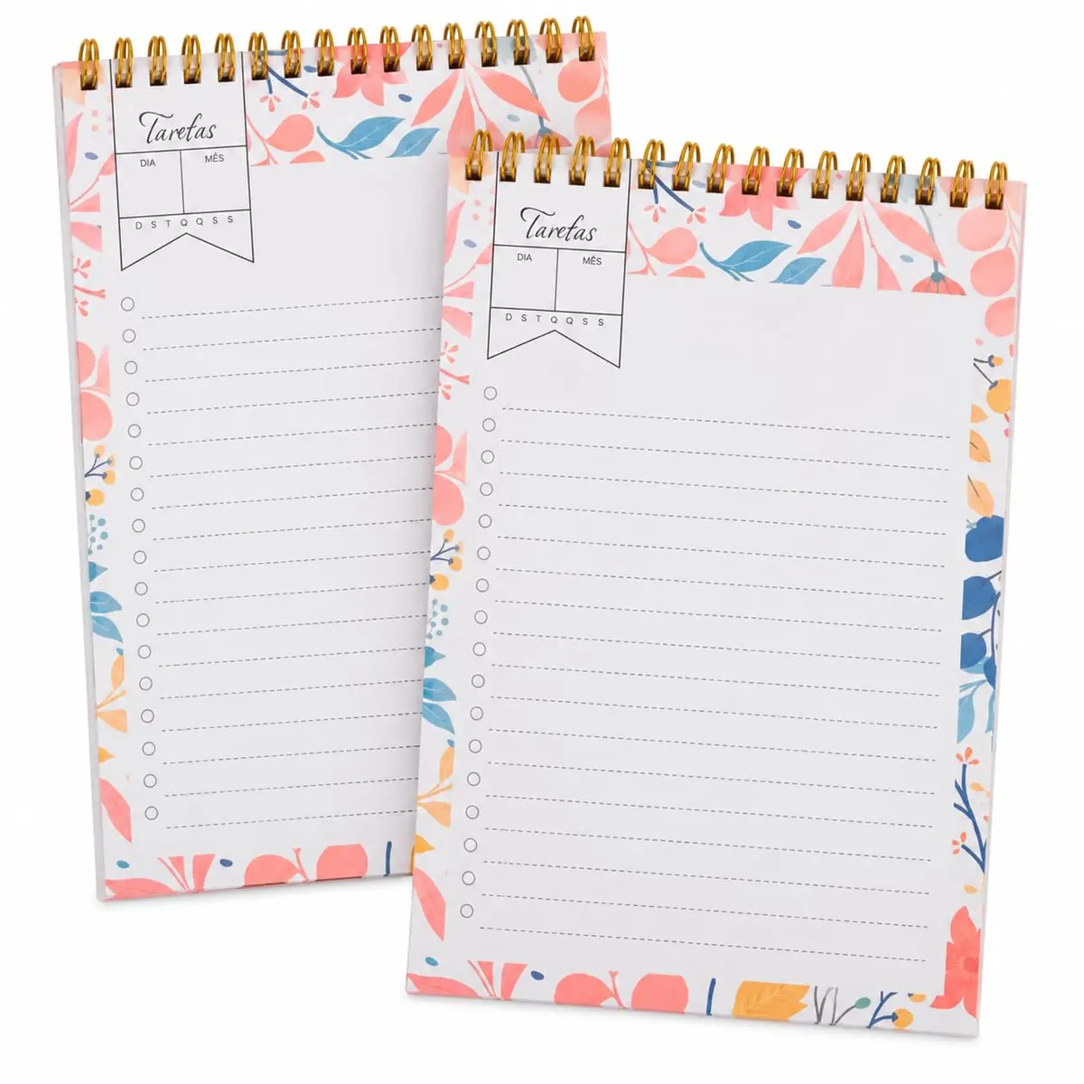 Kit 2 Planner Permanente Capa Acetado Bloco Tarefas Floral 50 Folhas Cada | Argola Dourada, Checklist Diário, Bordas Florais Coloridas, Planejamento Semanal, Linhas para Anotações