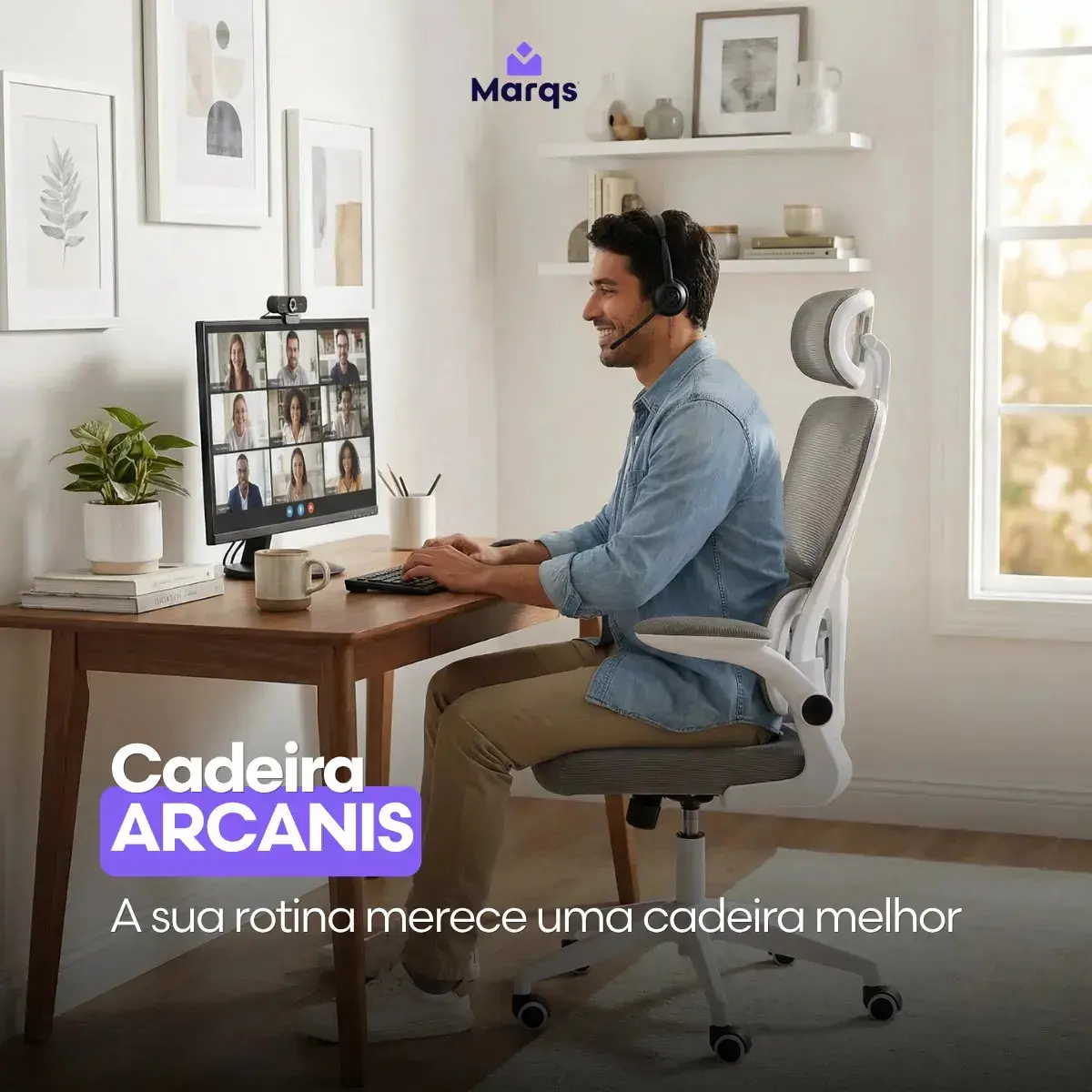 Cadeira Escritório Presidente Ergonômica NR17 Marqs Home Arcanis Cinza com Apoio Lombar e Encosto Mesh Premium thumbnail 2