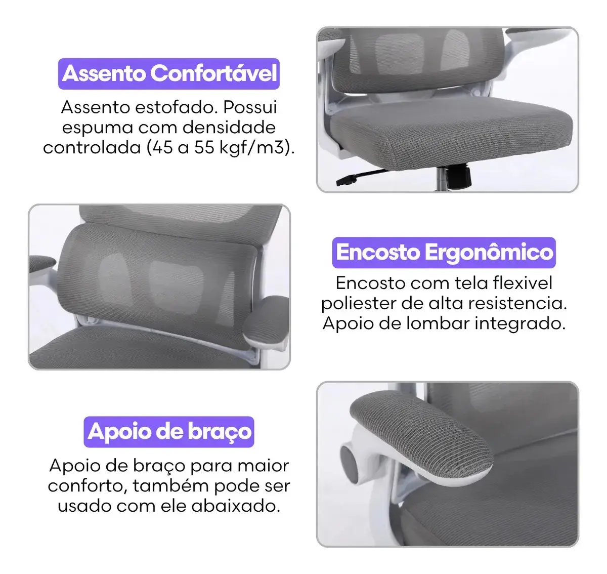 Cadeira Escritório Presidente Ergonômica NR17 Marqs Home Arcanis Cinza com Apoio Lombar e Encosto Mesh Premium thumbnail 4