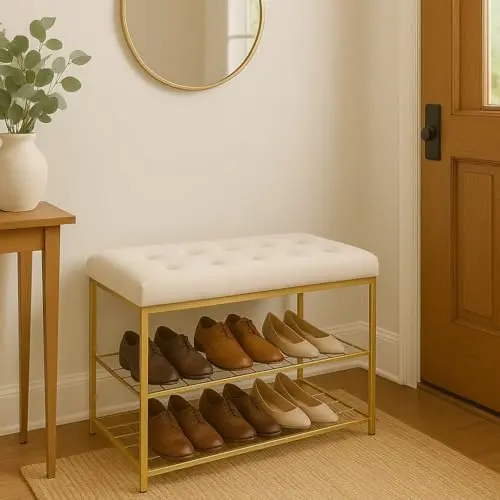 Sapateira Banco 2 Andares Metal Dourado com Estofado Veludo para Quarto, Closet, Hall de Entrada(Off White)