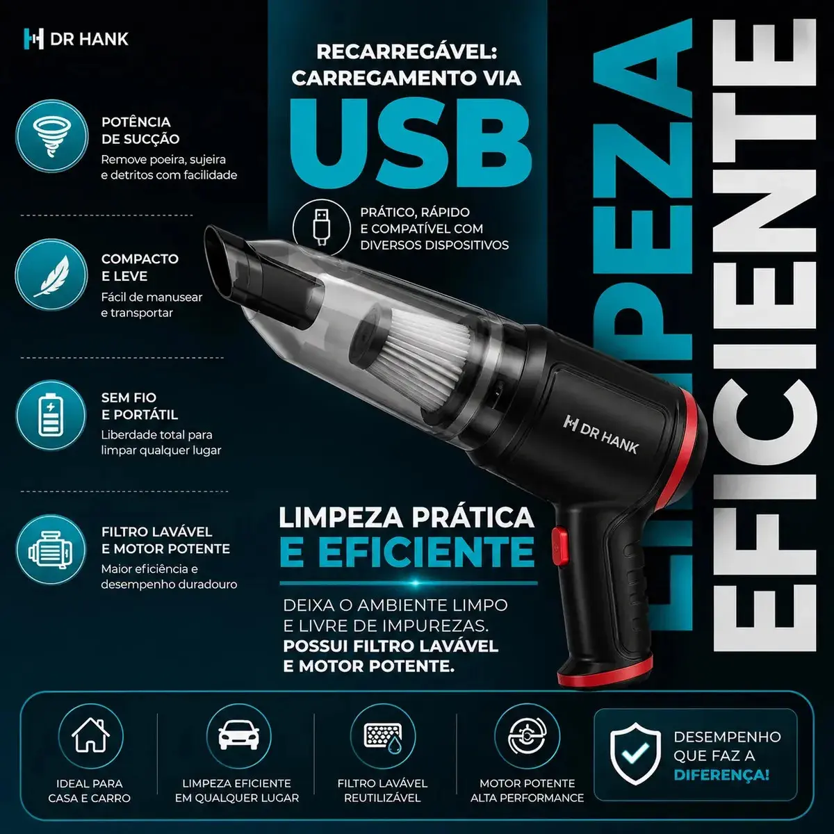 Mini Aspirador De Pó Portátil Recarregável Soprador Usb Automotivo 3em1 Sem Fio Premium Vácuo Limpeza Carro Multifuncional Casa Dr Hank thumbnail 5
