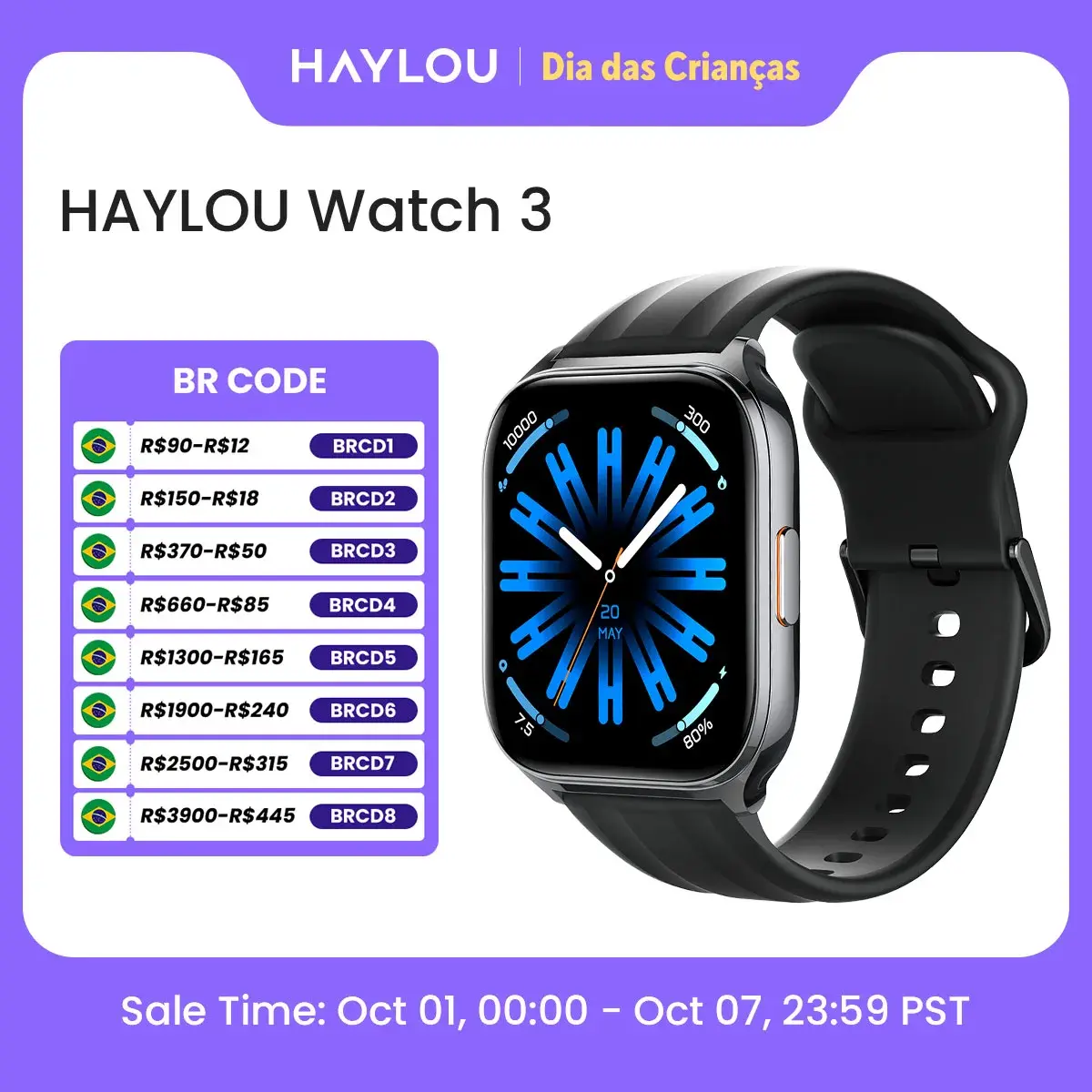 Relógio HAYLOU 3 Smartwatch com Chamadas de Voz Tela AMOLED de 1,85'' Monitoramento de Saúde 24h 150+ Modos de Esporte Relógio Inteligente à Prova d'Água 1ATM